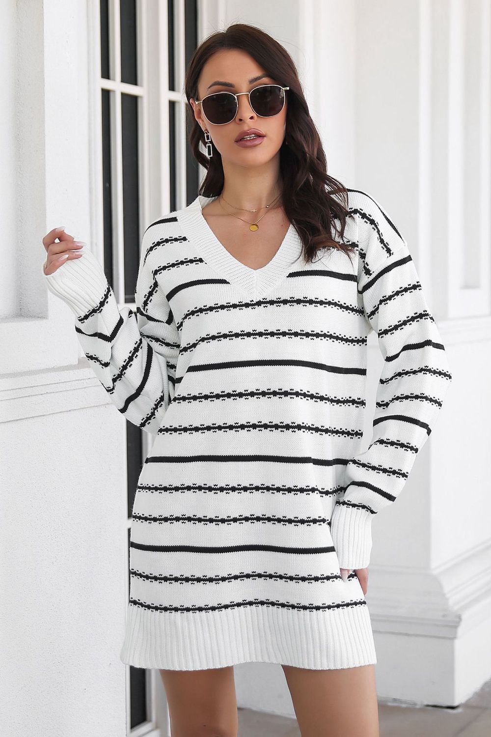 swvws Striped V-Neck Sweater Dress