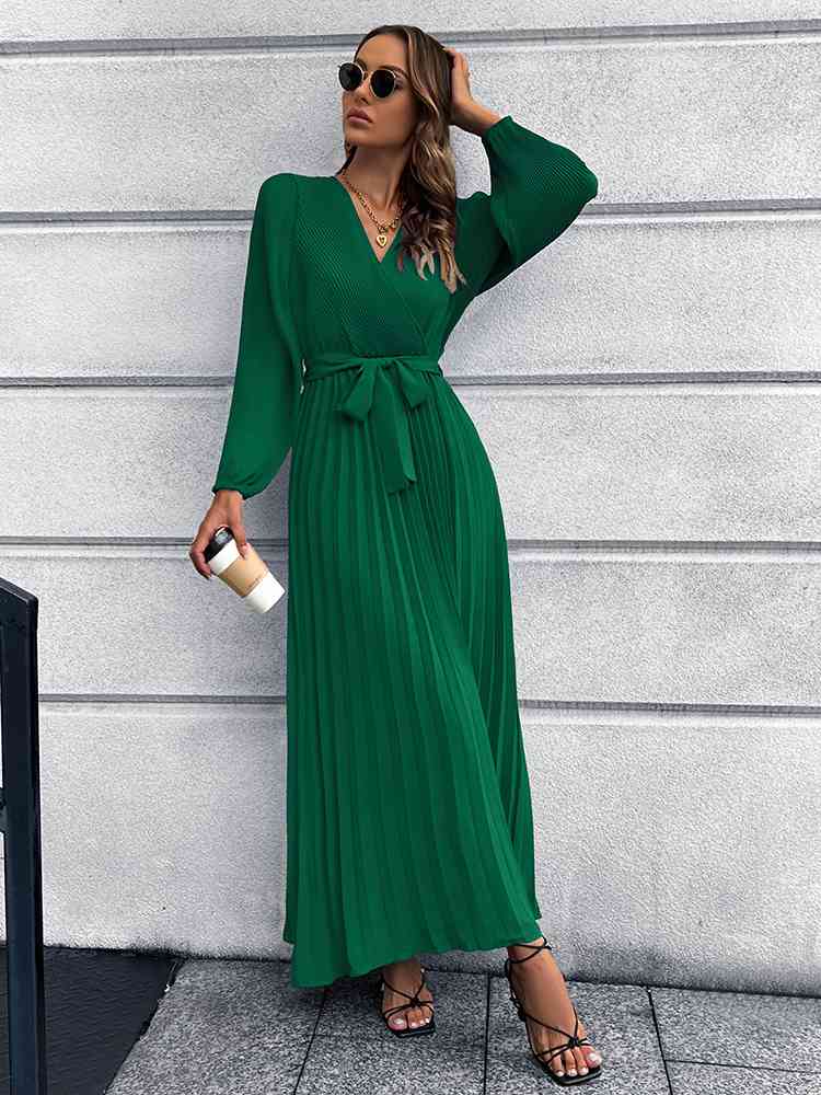 swvws V-Neck Tie Waist Pleated Maxi Dress