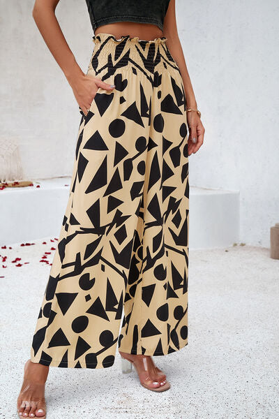 swvws Smocked Printed Wide Leg Pants with Pockets