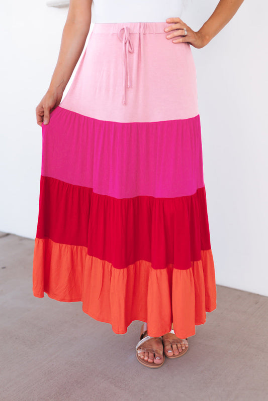 themeisles Color Block Tiered Maxi Skirt