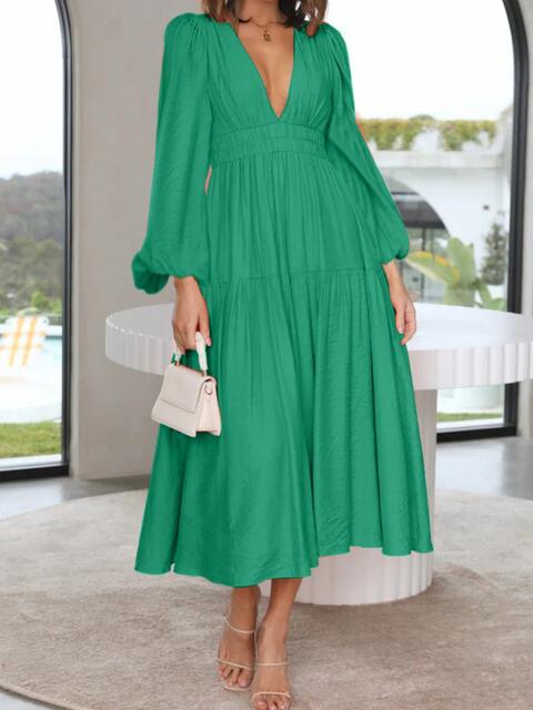 swvws Deep V-Neck Balloon Sleeve Plain Maxi Dress