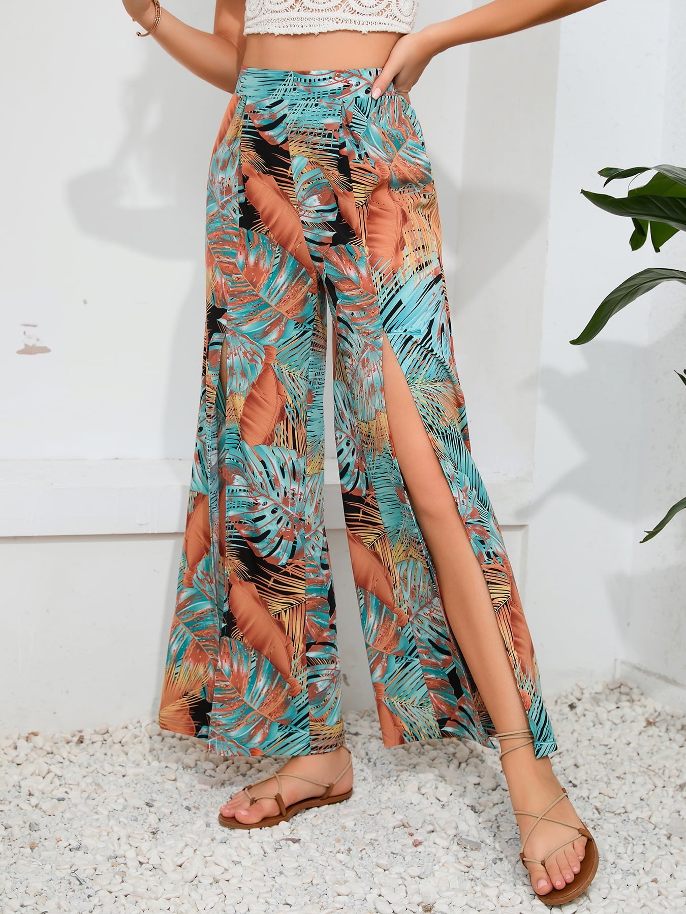 swvws Printed Split Wide Leg Long Pants