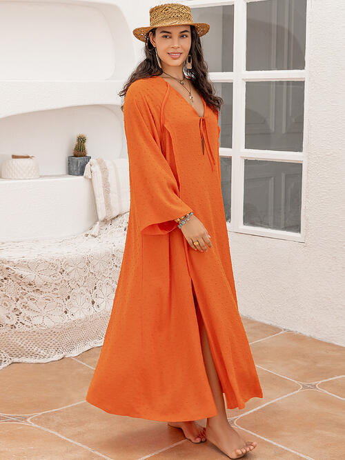 swvws Plus Size Tie Neck Long Sleeve Slit Dress