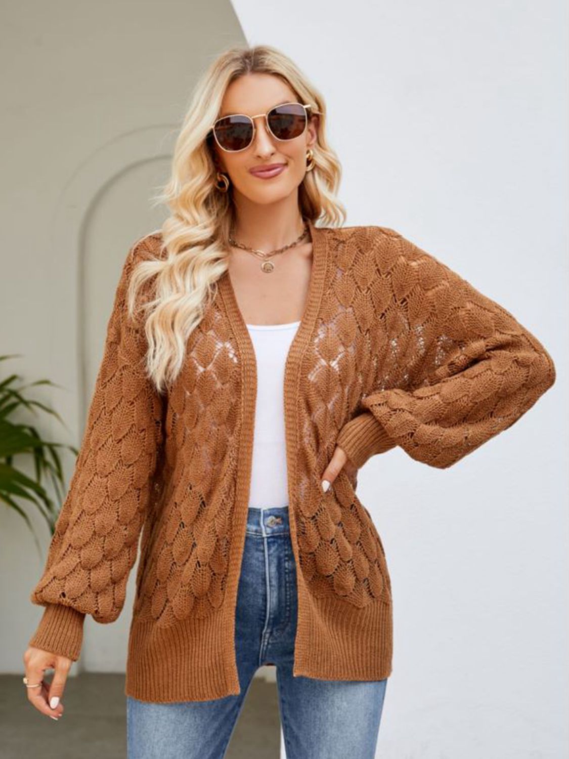 swvws Open Front Ribbed Trim Cardigan