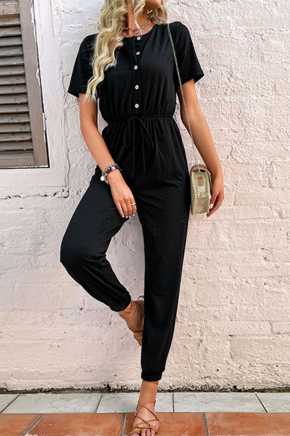 swvws Button Front Short Sleeve Jogger Jumpsuit