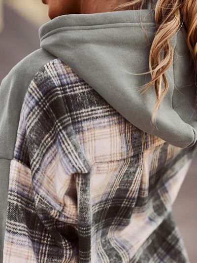 swvws Plaid Drawstring Dropped Shoulder Hoodie