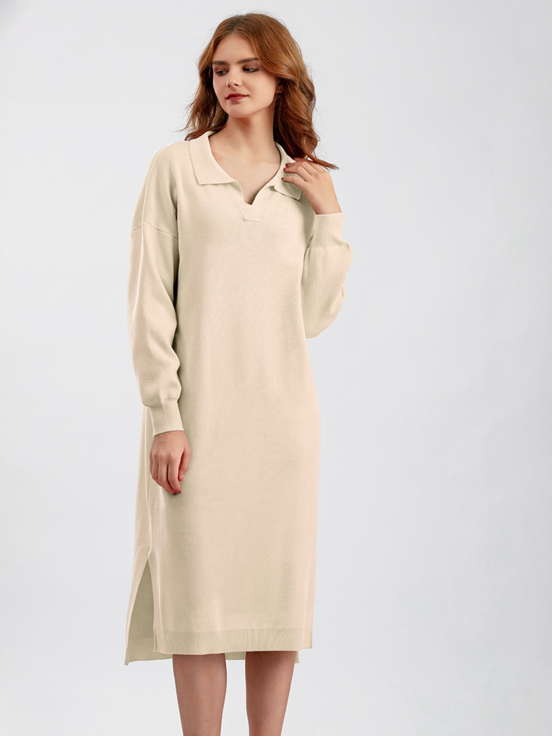 swvws Johnny Collar Long Sleeve Slit Sweater Dress