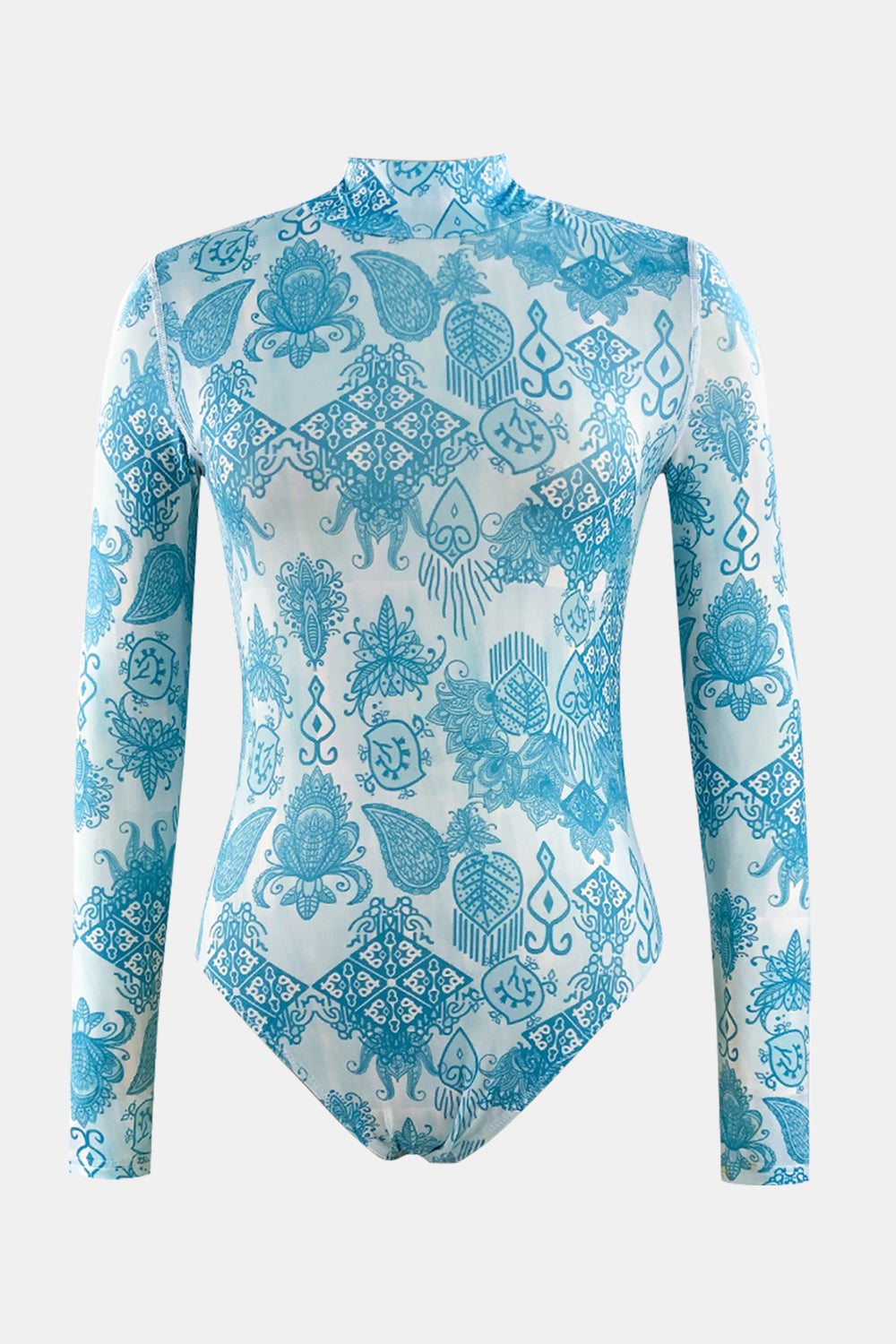 swvws Printed Mock Neck Long Sleeve One-Piece Swimwear