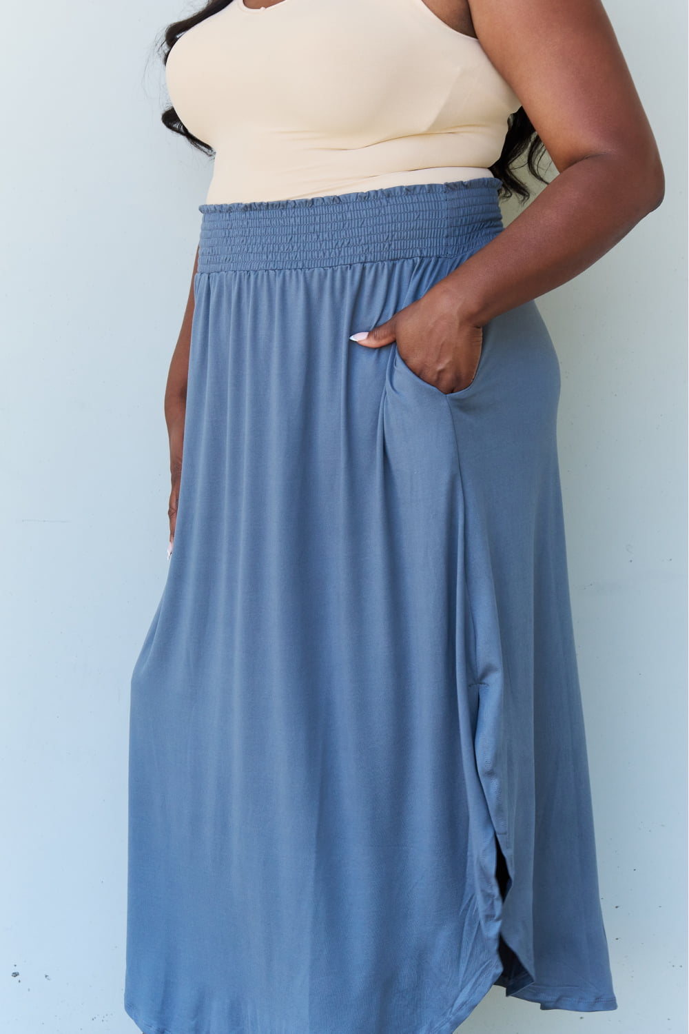 themeisles Doublju Comfort Princess Full Size High Waist Scoop Hem Maxi Skirt in Dusty Blue