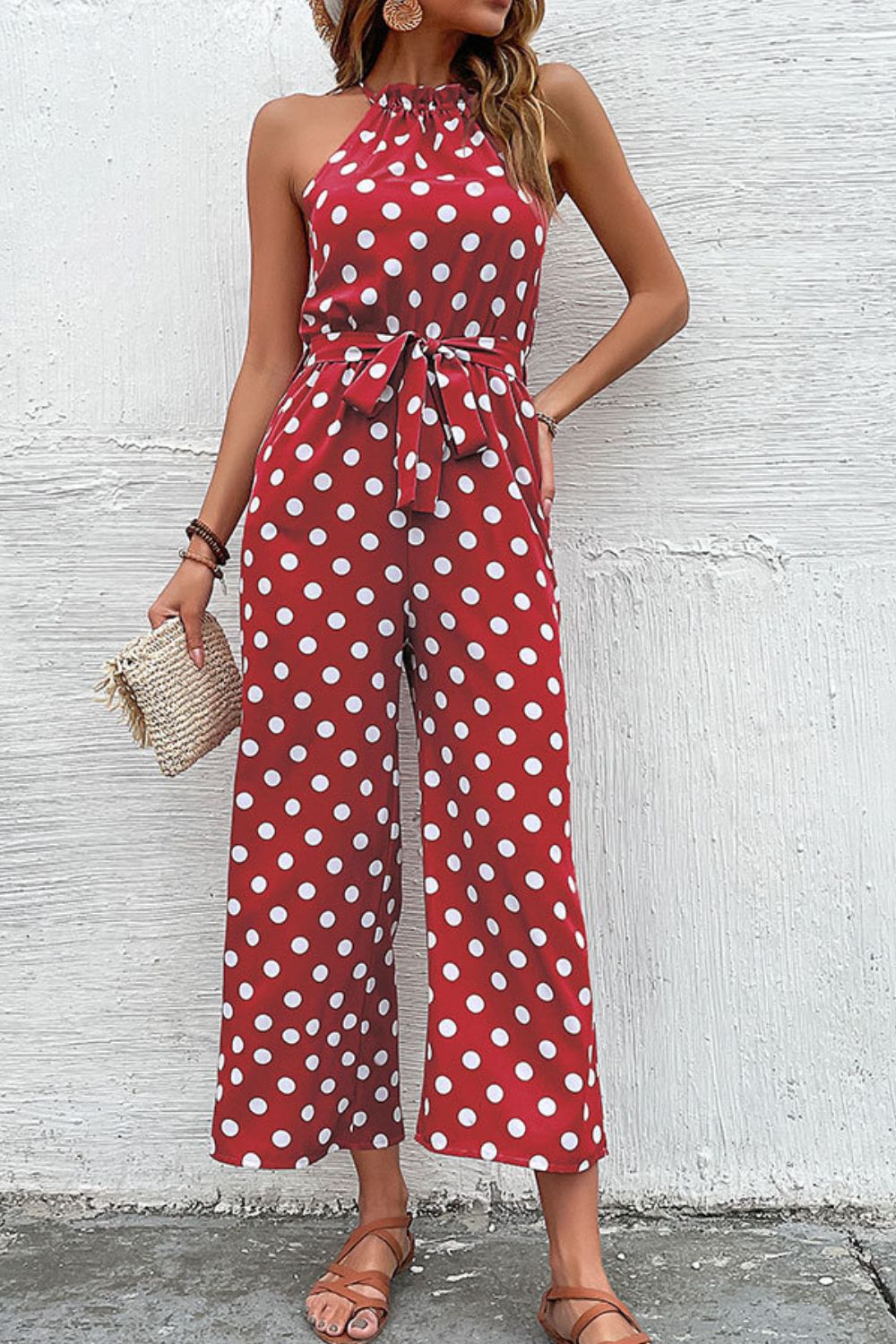 swvws Polka Dot Grecian Wide Leg Jumpsuit