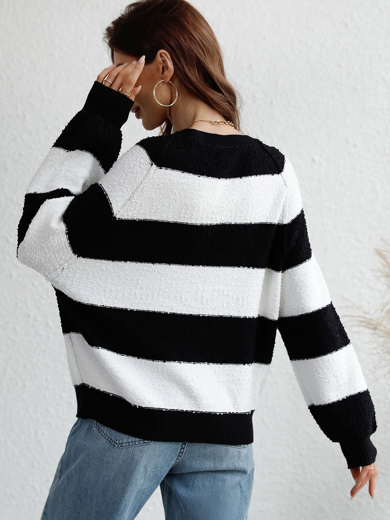 swvws Striped Raglan Sleeve Ribbed Trim Knit Top