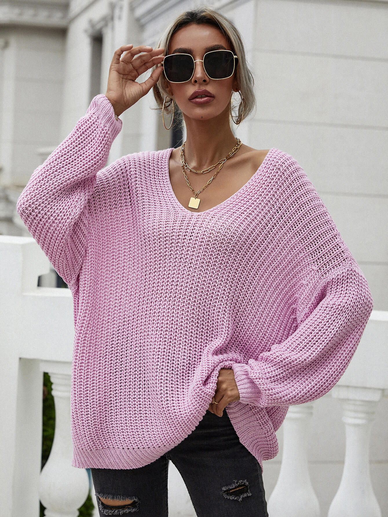 swvws Rib-Knit Drop Shoulder V-Neck Pullover Sweater