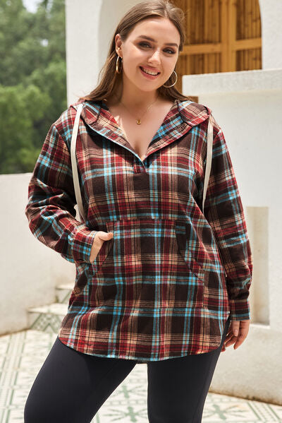 swvws Plus Size Drawstring Plaid Quarter Button Hoodie