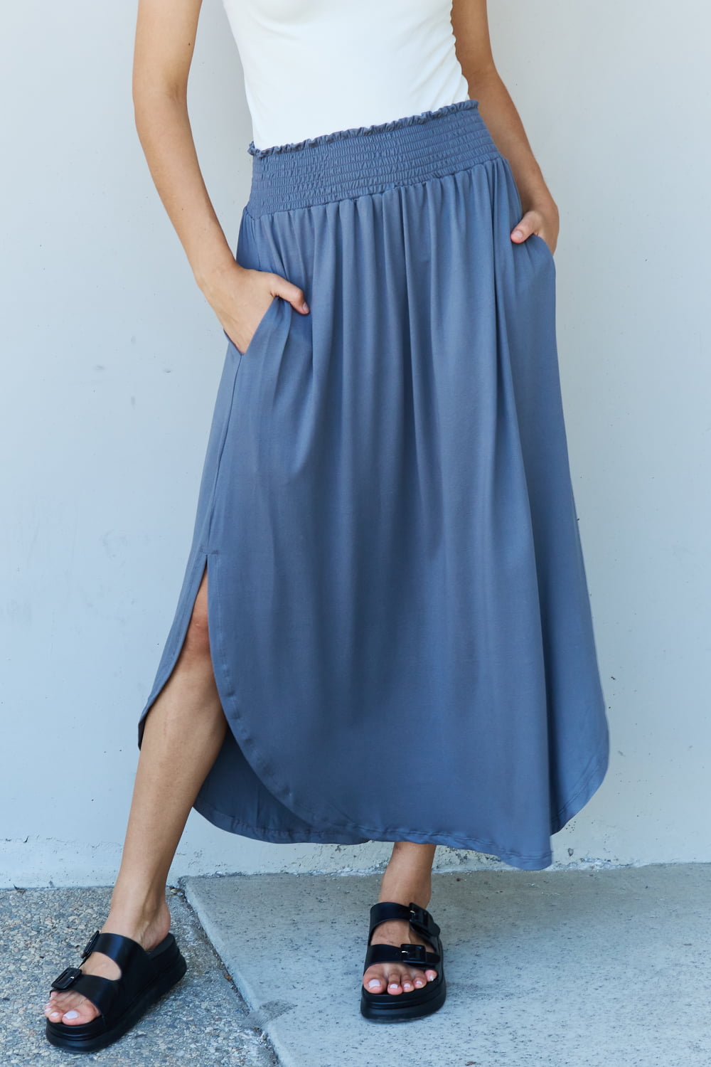 themeisles Doublju Comfort Princess Full Size High Waist Scoop Hem Maxi Skirt in Dusty Blue