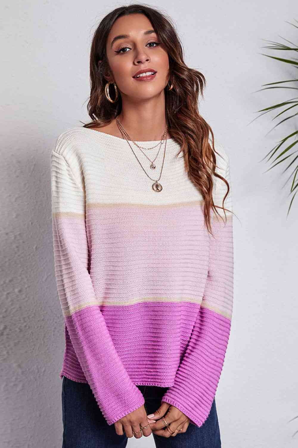 swvws Color Block Horizontal Ribbing Sweater