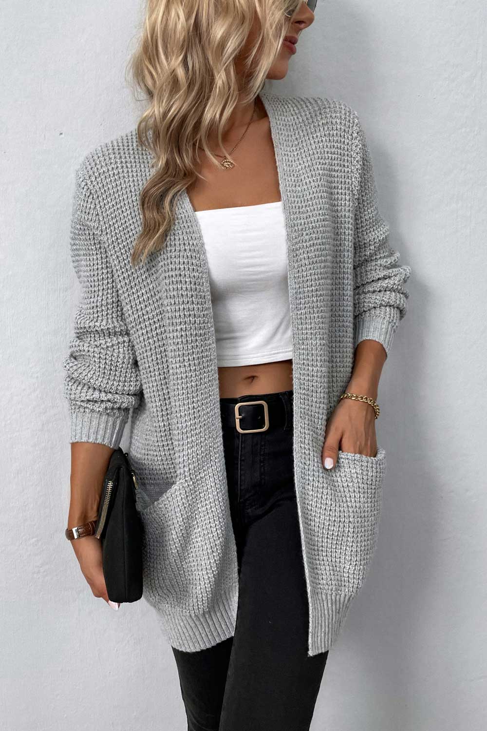 swvws Rib-Knit Open Front Pocketed Cardigan