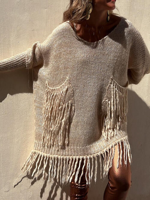 swvws Fringe Detail Long Sleeve Sweater with Pockets