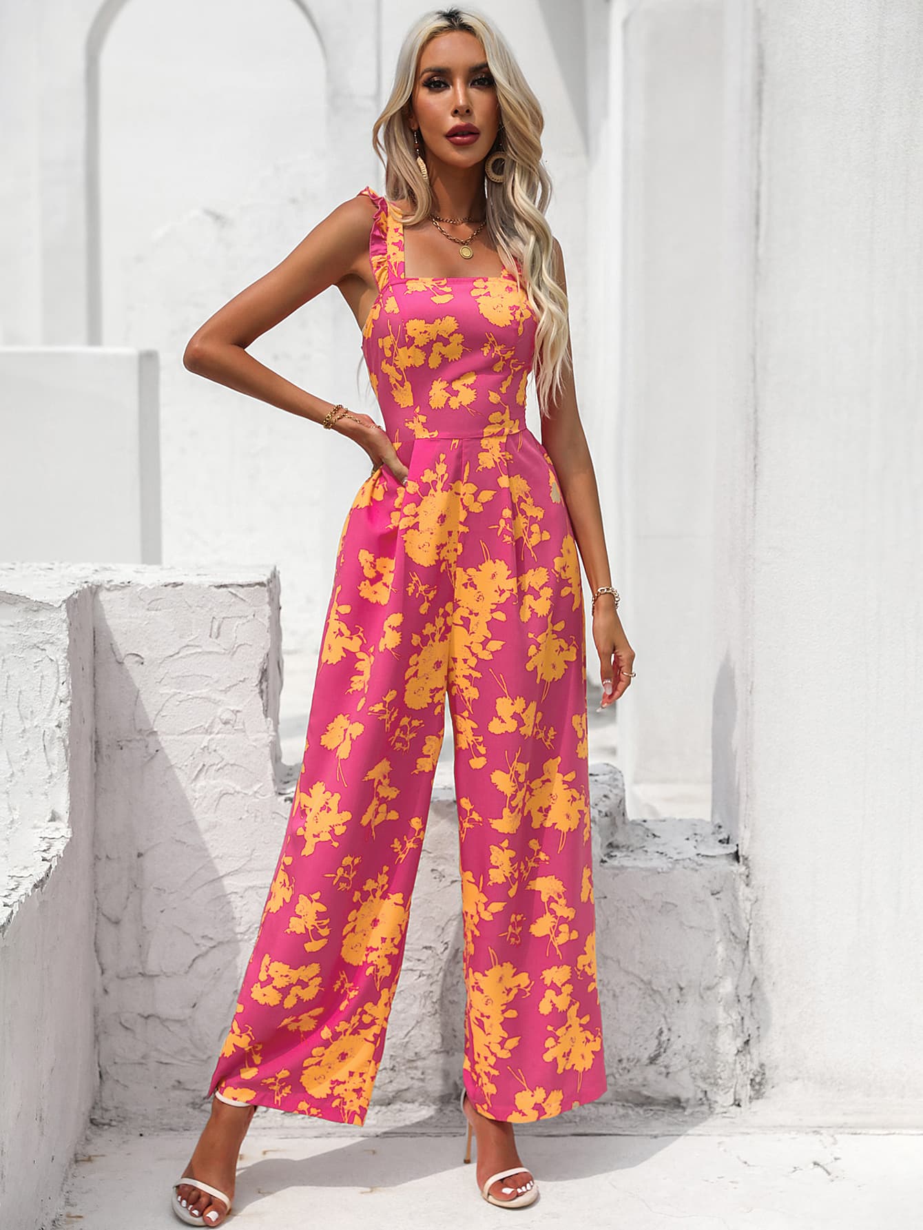 swvws Floral Square Neck Cutout Tie Back Jumpsuit