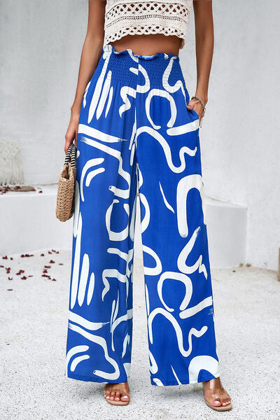 swvws Smocked Printed Wide Leg Pants with Pockets