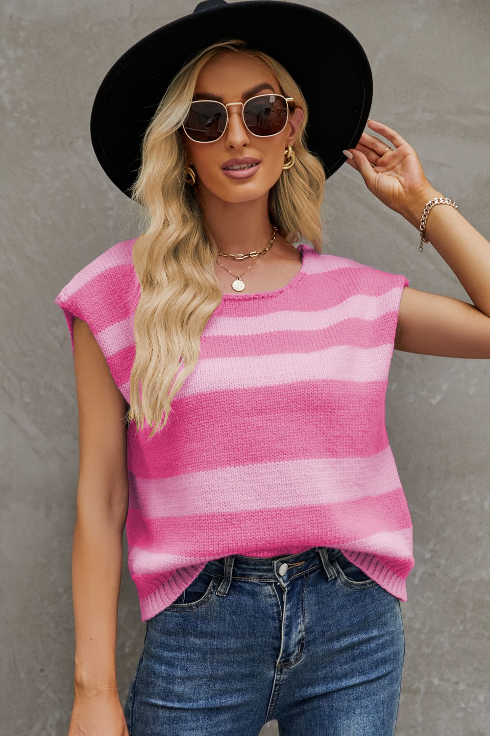 swvws Striped Round Neck Cap Sleeve Knit Top