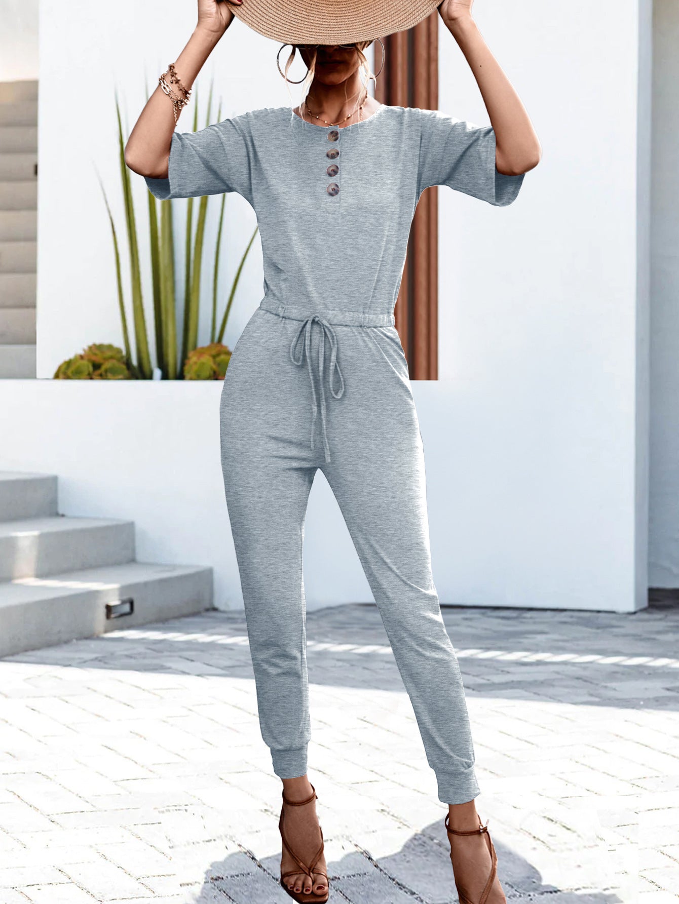 swvws Buttoned Half Sleeve Round Neck Jumpsuit