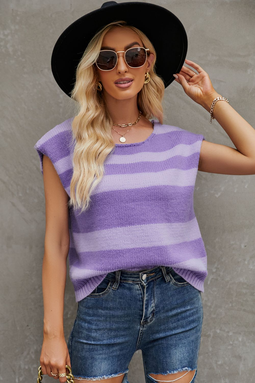 swvws Striped Round Neck Cap Sleeve Knit Top