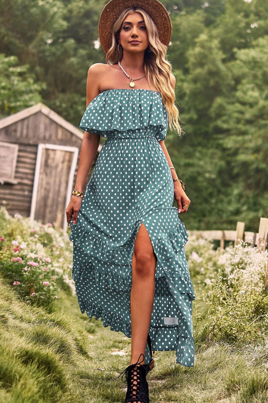 swvws Polka Dot Strapless Slit Ruffled Maxi Dress