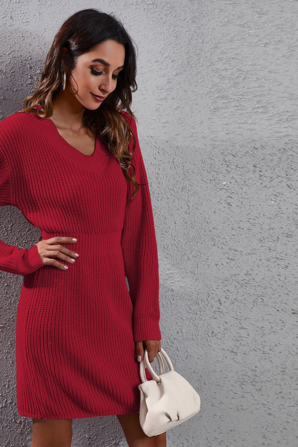 swvws V-Neck Long Sleeve Rib-Knit Sweater Dress