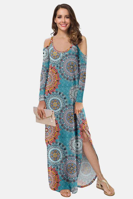 swvws Printed Cold-Shoulder Slit Maxi Dress