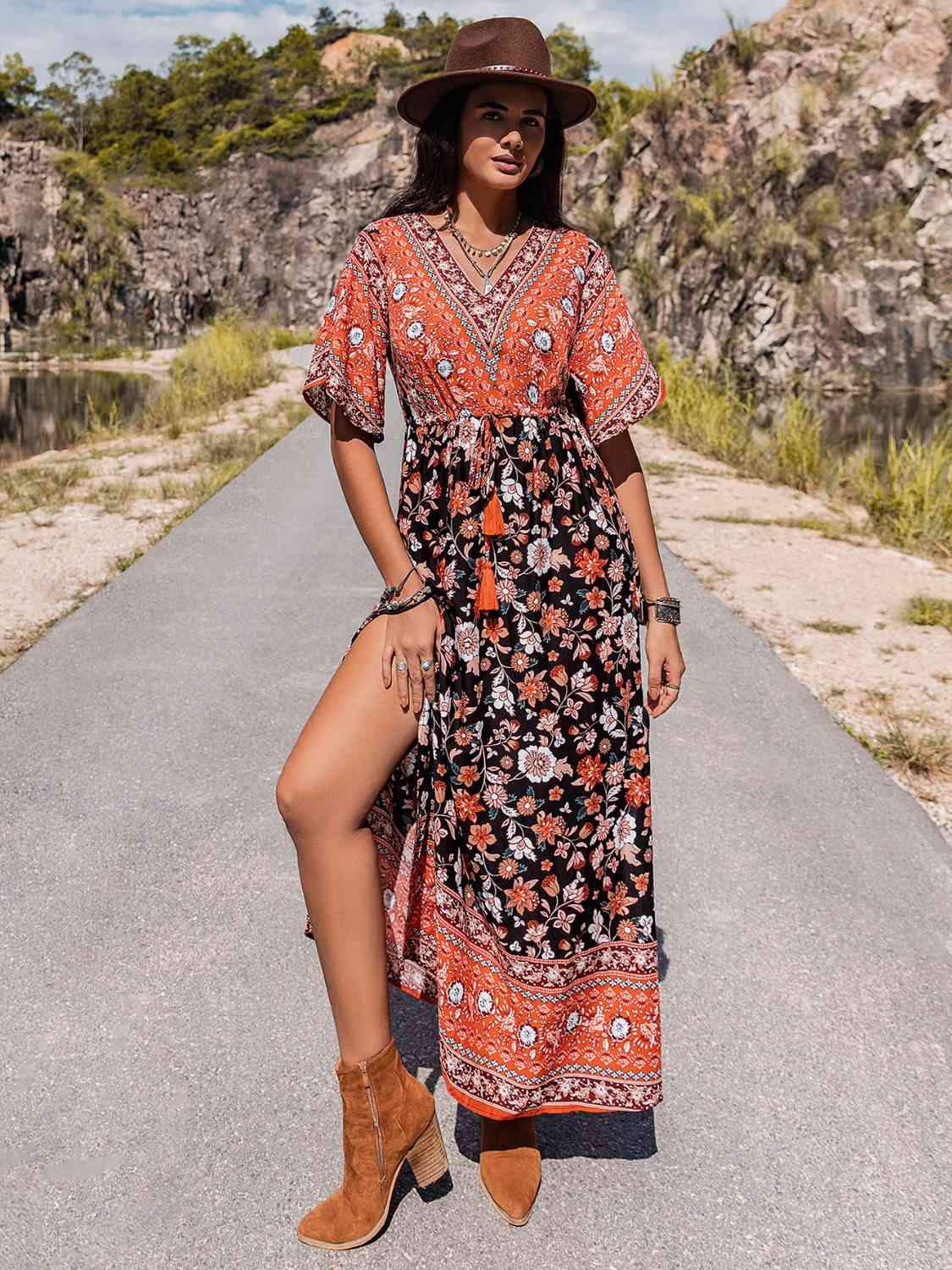 swvws V-Neck Slit Maxi Dress