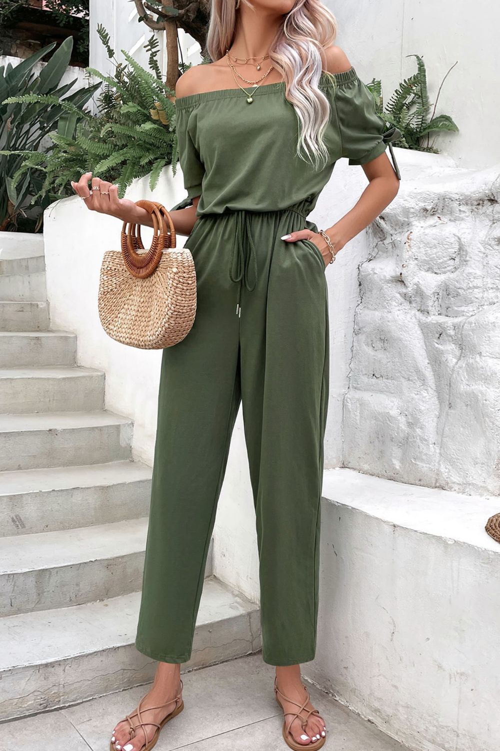 swvws Off-Shoulder Tie Cuff Jumpsuit with Pockets