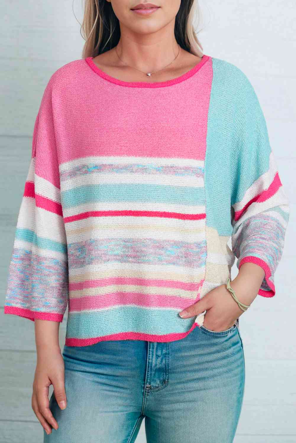 swvws Printed Round Neck Dropped Shoulder Pullover Sweater