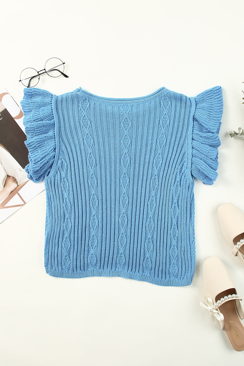 swvws Flutter Sleeve Pompom Detail Knit Top