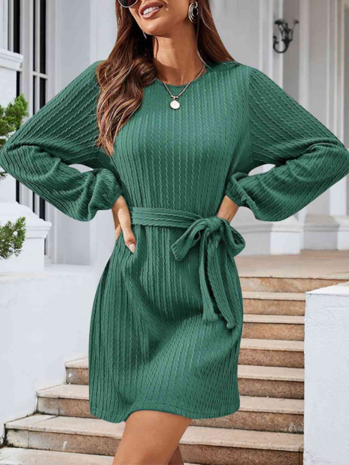 swvws Round Neck Tie Front Long Sleeve Dress