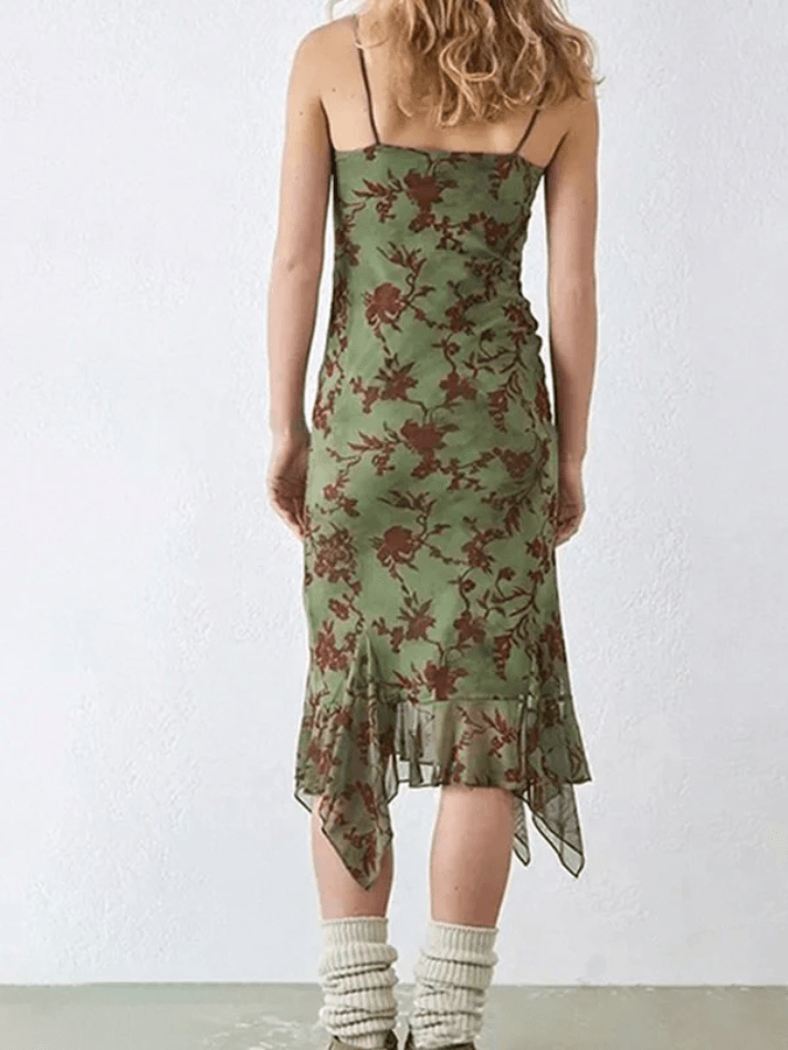 Sixsr Green Floral Mesh Midi Dress