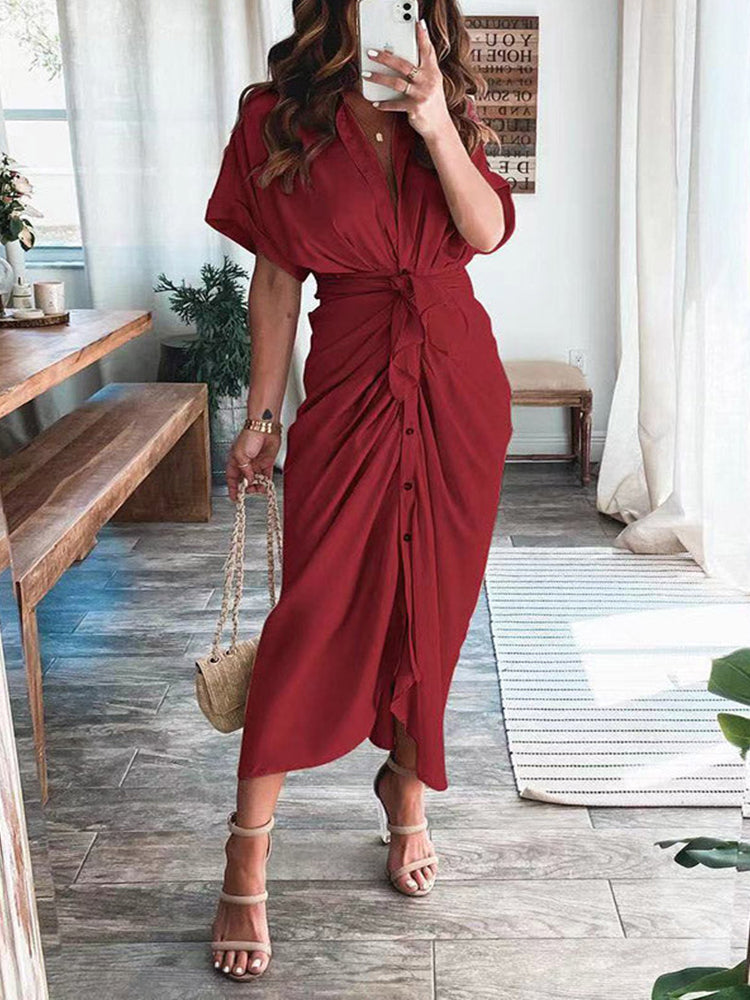 Sixsr Satin Pleated Bandage Shirt Dress