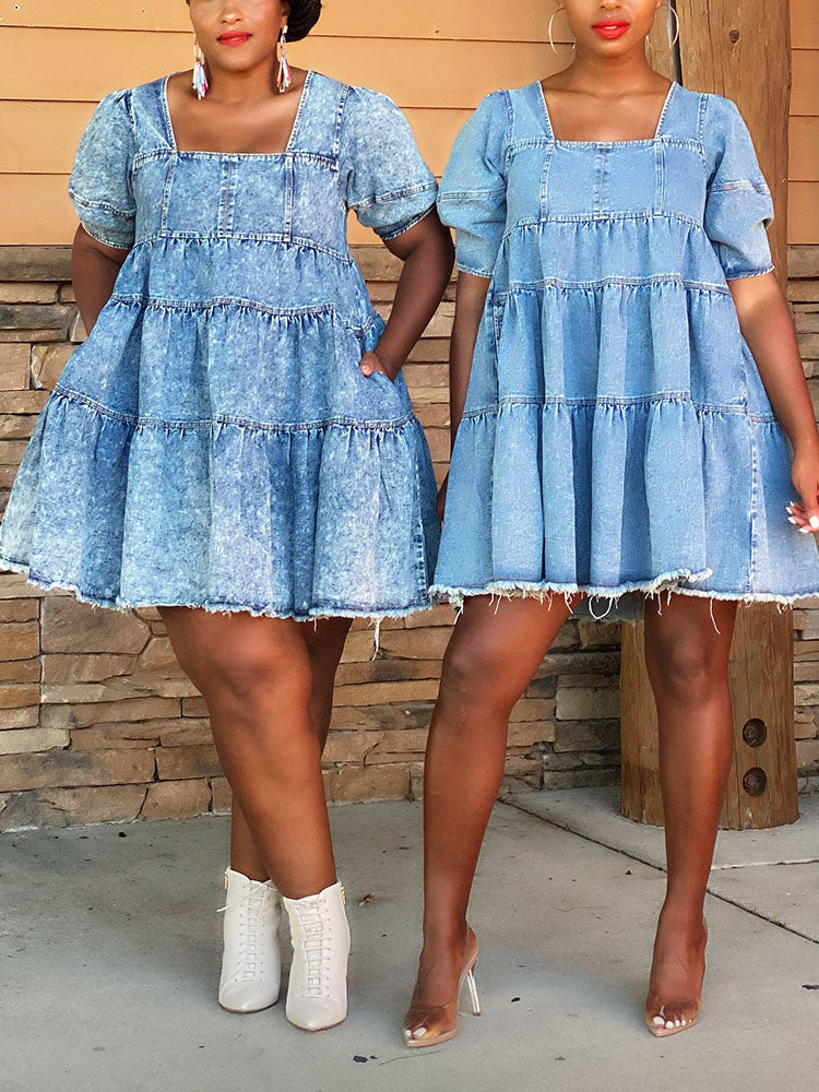 Sixsr Denim Puff Sleeve Mini Dress