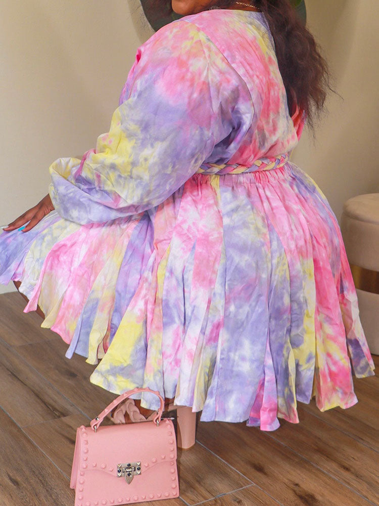 Sixsr Tie Dye With Belt V Neck Dress