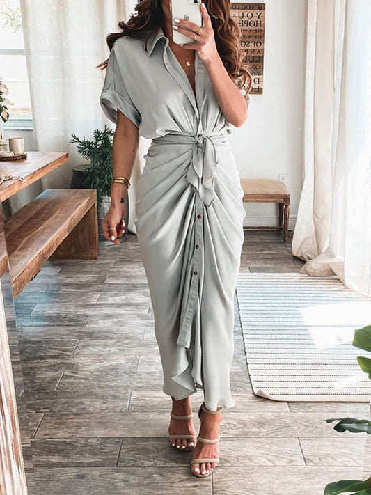 Sixsr Satin Pleated Bandage Shirt Dress