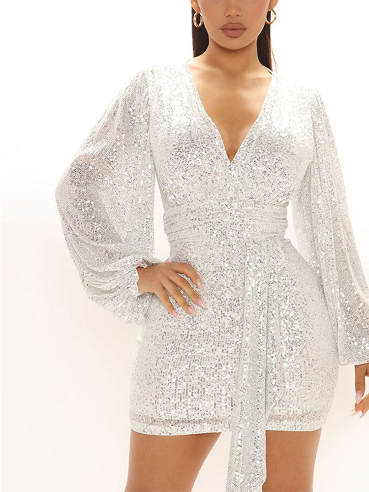 Sixsr Lantern Sleeves Sequin Party Dress