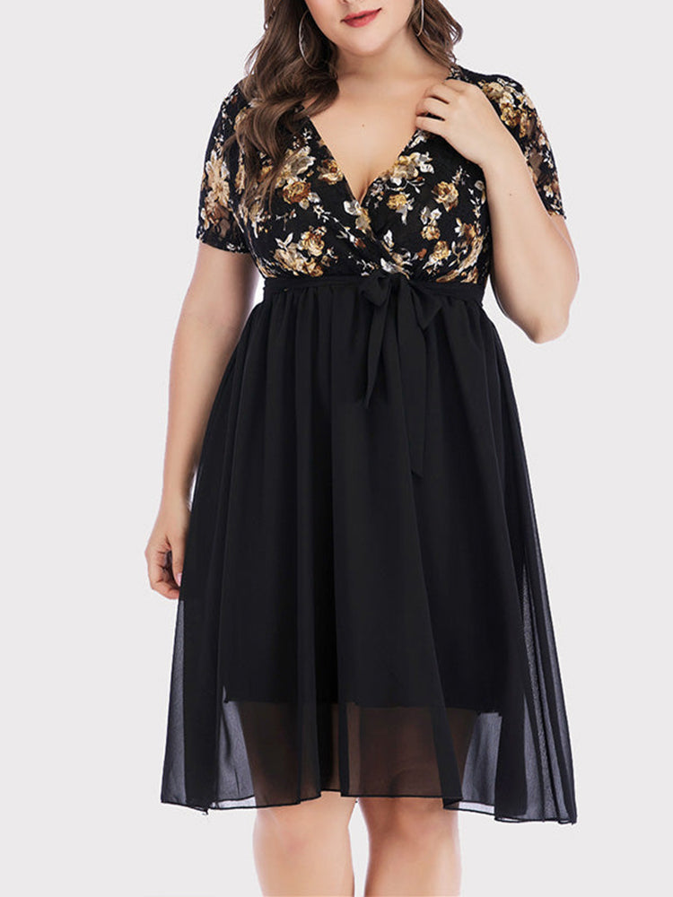 Sixsr Vintage Floral Lace V Neck Chiffon Dress