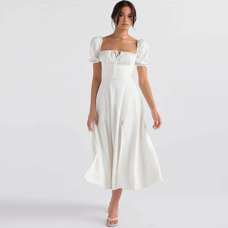 Sixsr Puff Sleeve Tie Front High Split Off Shoulder Midi Sundress - White