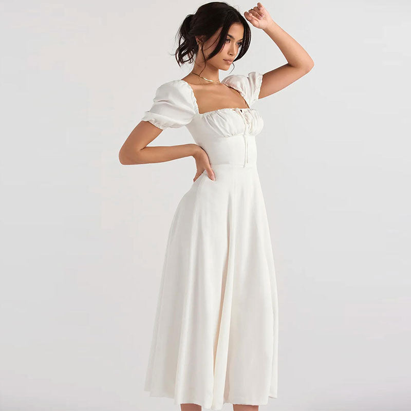 Sixsr Puff Sleeve Tie Front High Split Off Shoulder Midi Sundress - White