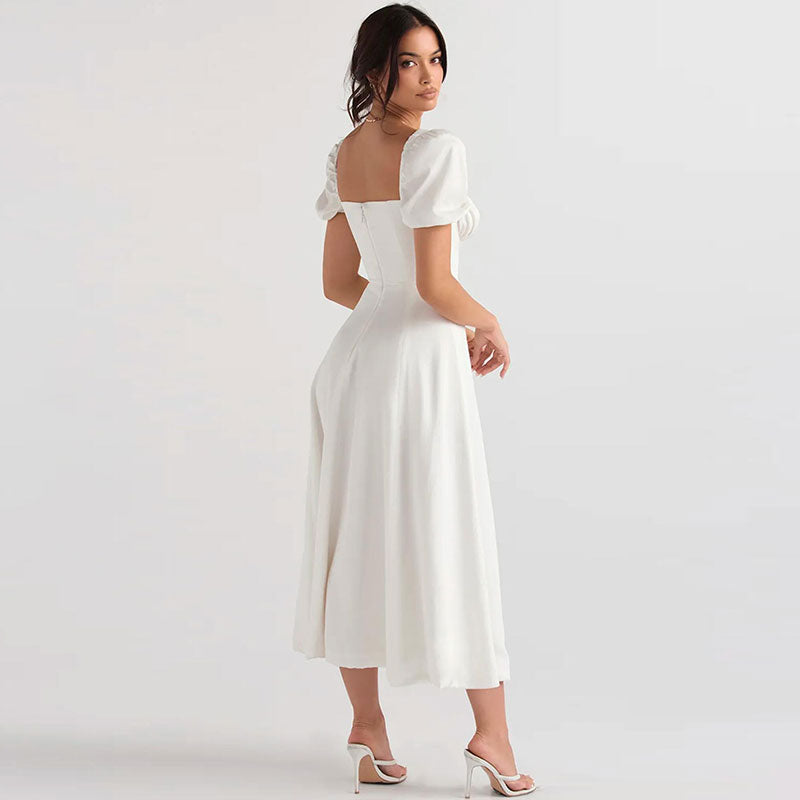 Sixsr Puff Sleeve Tie Front High Split Off Shoulder Midi Sundress - White