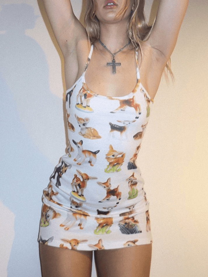 Sixsr Slim Waist Fawn Print Mini Dresses