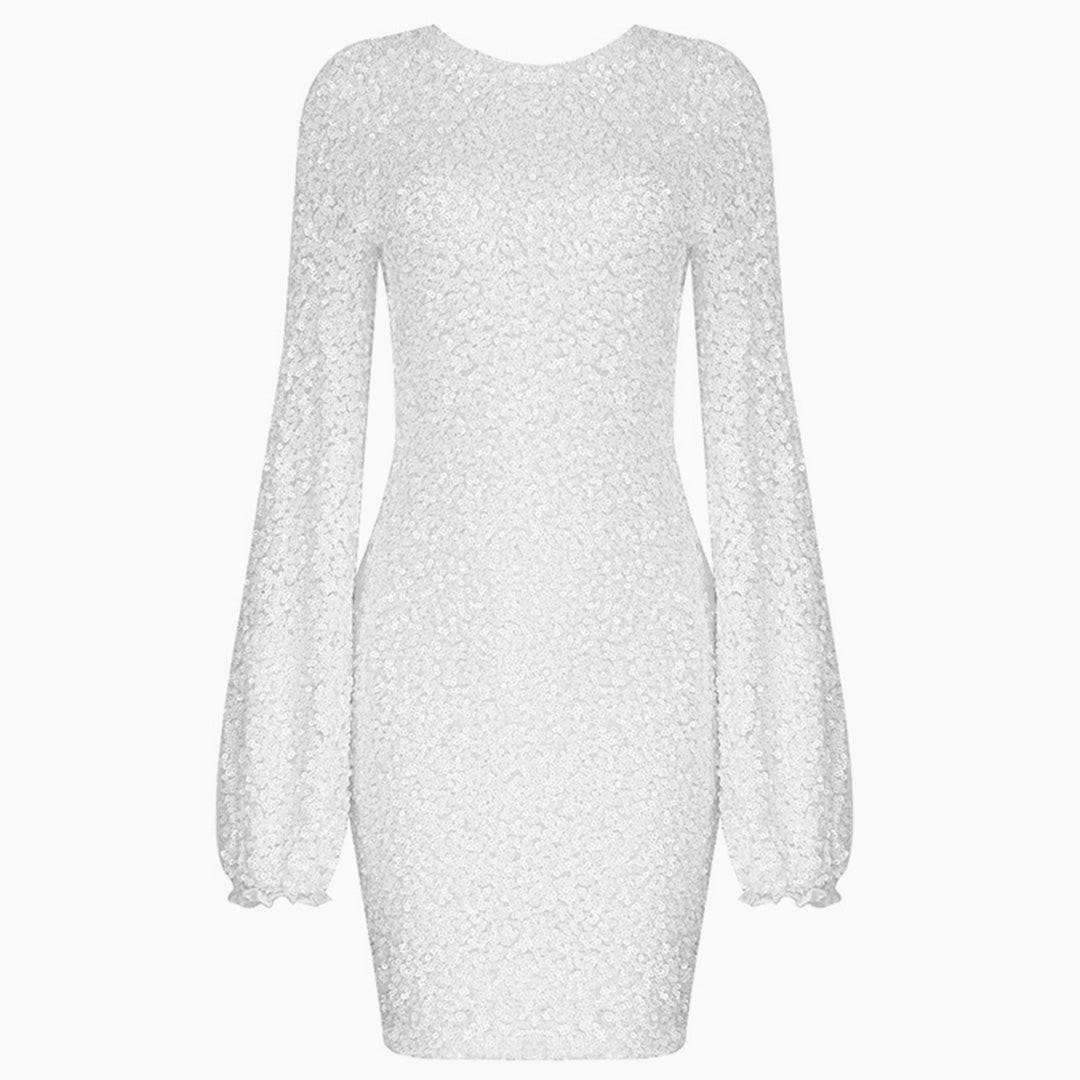 Sixsr Sparkly Sequin Lacy Long Sleeve Party Mini Dress - White