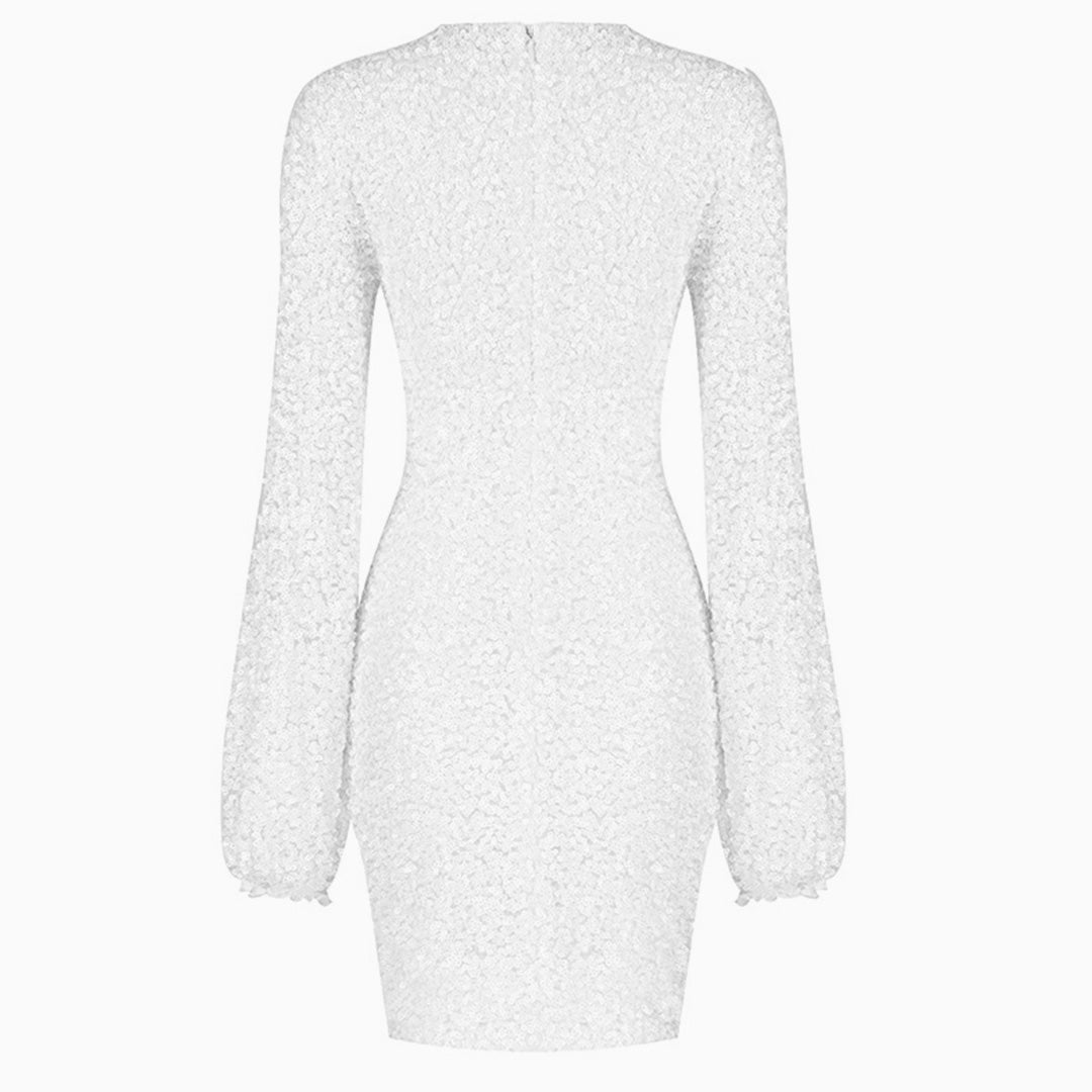 Sixsr Sparkly Sequin Lacy Long Sleeve Party Mini Dress - White