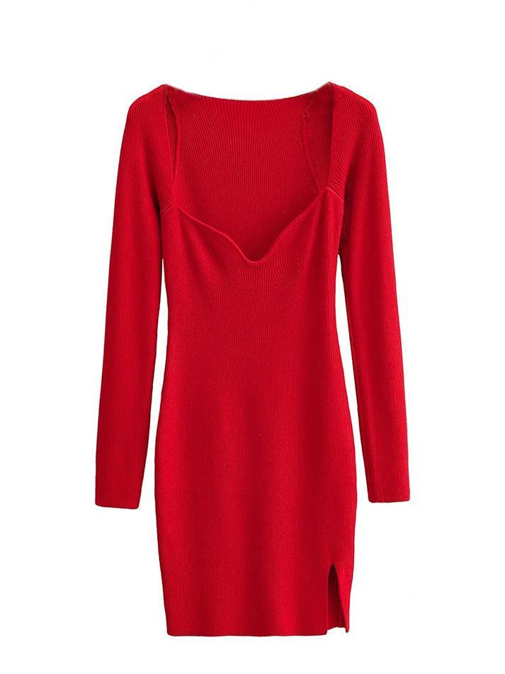 Sixsr Split Long Sleeve Knit Mini Dress