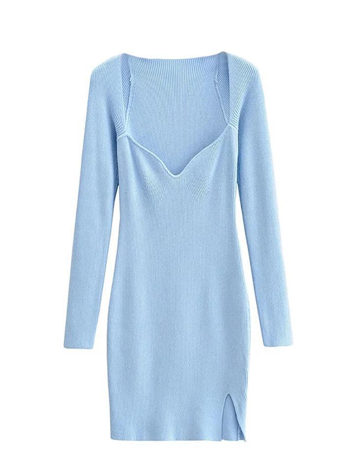 Sixsr Split Long Sleeve Knit Mini Dress