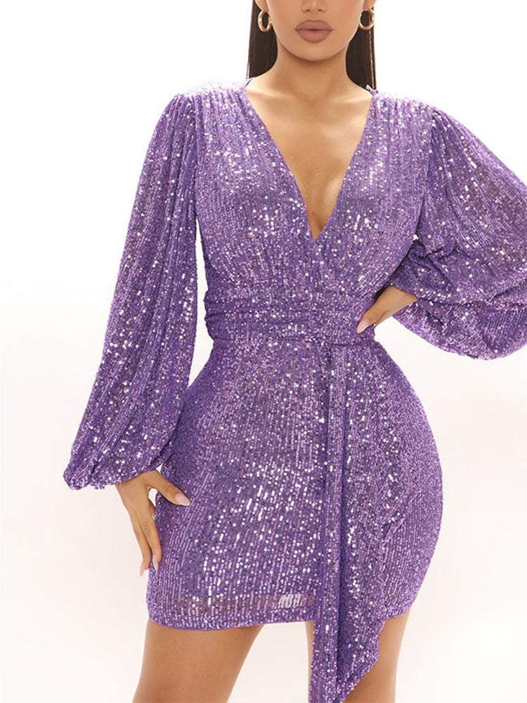 Sixsr Lantern Sleeves Sequin Party Dress